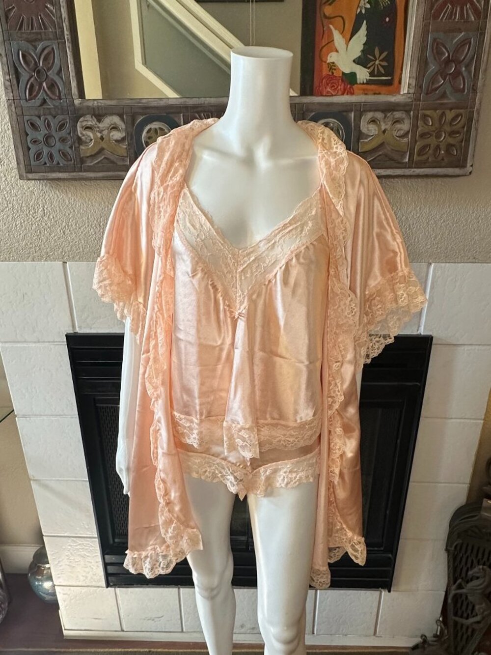 Vtg XL Intimate Attitudes Peach Lace Robe Tank Bottom Satin 3 pc Set